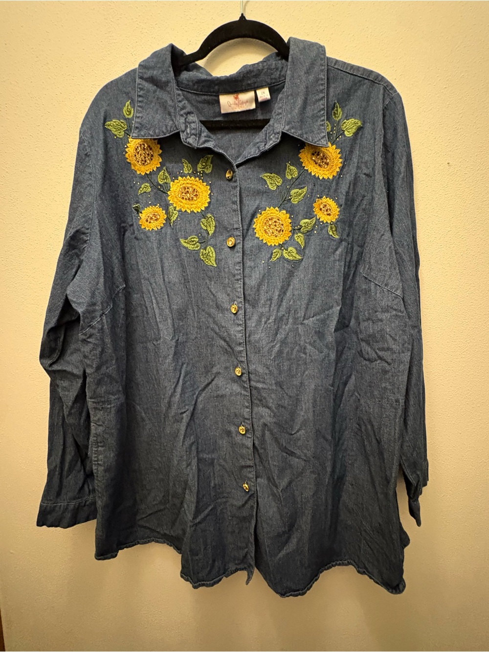Denim Button-Down Shirt with Sunflower Embroidery - Blue